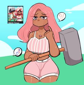 1girls 2024 ?! asking_for_sex belly_button big_breasts big_hammer black_eyes bra breasts brown_skin cleavage clothed clothed_female dark-skinned_female dark_skin day female female_only fully_clothed hammer holding_object holding_weapon long_hair male midriff necklace offscreen_male outside penismaster48 pink_bra pink_clothing pink_eyes pink_hair pink_shorts pointing_at_self reference_image roblox roblox_game robloxian shorts sledgehammer smash_things! solo speech_bubble spoken_question_mark standing stomach sweat thick_thighs thighs two-tone_eyes weapon white_belt white_stripes