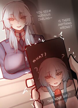 1boy 1girls bare_shoulders big_breasts blue_hair breasts character_request color english_text female grey_hair highres juxtaposition kinkylingky large_breasts large_penis light-skinned_female light_skin long_hair looking_pleasured male netorare original original_character penis phone phone_screen photo_comparison pleasure_face police_uniform smartphone thick_thighs