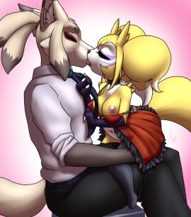 2_horns anthro ass bandai_namco breasts canid canine choker closed_eyes clothed clothing clothing_pull digimon digimon_(species) dress dress_shirt duo facial_markings female fox french_kissing furball genji hand_on_ass hand_on_butt hand_on_chest head_markings hi_res holidays horn hybrid imp impmon jewelry kiss_on_lips kissing larger_male larger_male_smaller_female legwear male male/female mammal markings monster_boy navel necklace necktie necktie_pull nipples on_lap red_clothing red_dress renamon renimpmon renimpmon_x shirt short_stack simple_background sitting sitting_on_another size_difference smaller_female stockings tongue topwear translucent translucent_clothing valentine's_day