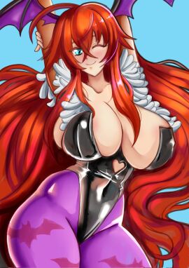 1girls bat_wings big_breasts blue_eyes breasts bridal_gauntlets cleavage cosplay covered_navel darkstalkers female female_only halloween head_wings high_school_dxd hinton_blitz huge_breasts large_breasts leotard long_hair morrigan_aensland morrigan_aensland_(cosplay) pantyhose red_hair revealing_clothes rias_gremory silf skimpy_clothes smile smilel solo wings wink