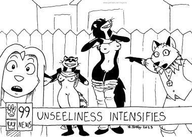 2023 adler_young belladonna_(tegerio) breasts canid canine catherine_o'daisies closed_eyes clothed clothing english_text estvan_silverbrush female fence flashing fox fur jewelry mammal markings mephitid monochrome navel necklace nipples open_mouth procyonid pubes raccoon ring_(marking) ringed_tail skunk striped_markings striped_tail stripes tail tail_markings tegerio text whiskers zandar's_saga