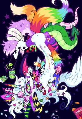 2025 4_toes 6_legs ambiguous_gender anus bag bandage bandaged_tail blue_body blue_eyes blue_fur bodily_fluids can canid canine chatoyancy chest_tuft chimera claws collar colorful_theme container coontail_hair digital_drawing_(artwork) digital_media_(artwork) doritos drugs ear_piercing eyelashes feathered_wings feathers feet female female_feral feral flower frito-lay fungus fur furgonomics furry-specific_piercing green_body green_ears green_fur green_pawpads green_scales green_tongue hair hi_res horn mammal markings mountain_dew multicolored_eyes multicolored_horn multicolored_tail multicolored_tongue mushroom mythological_creature mythology nosebleed open_mouth open_smile orange_body orange_fur pawpads paws piercing pink_bow pink_ears pink_feet pink_nose pink_paws pink_pupils pink_tail plant polka_dot_bow pupils purple_body purple_fur purple_sclera purple_tail purple_tongue rainbow_horn rainbow_nipples rainbow_tail rat_tail red_body red_claws red_collar red_fur scales scaly_tail scraps_(chatoyancy) seam_(sewing) sewn_belly sewn_legs sharp_teeth smile smiley_face solo sparklefur spiked_tail spikes spikes_(anatomy) star star_(marking) striped_tongue tail tail_piercing teeth toes tongue tongue_out tuft two_tone_tongue unicorn_horn white_body white_fur white_hair white_wings wings x_anus yellow_body yellow_eyes yellow_fur