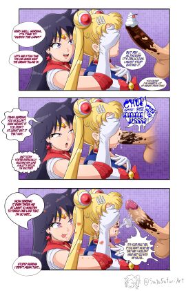 1boy 2girls balls bishoujo_senshi_sailor_moon blonde-haired_female blonde_female blonde_hair blue_eyes clothed clothed_female_nude_male clothing comic comic_panel covering covering_another's_mouth double_bun earrings english_text erection female hair_bun hair_buns hand_covering_face happy happy_female heart-shaped_pupils hearts_around_head magical_girl male multiple_females multiple_girls open_mouth oral oral_sex partial_male penis purple_eyes purple_hair red_choker rei_hino sailor_mars sailor_moon satosatori speech_bubble star_(symbol) star_earrings sucking sucking_penis testicles threesome uncensored uncensored_penis usagi_tsukino whipped_cream whipped_cream_on_penis