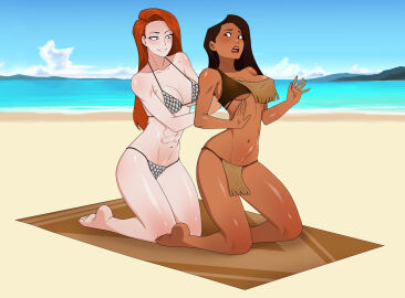 2girls abs anoneysnufftan applying_sunscreen beach beach_towel bikini black_hair dark-skinned_female dark_skin disney disney_princess embarrassed female female_only humiliation imminent_death killer_lotion kneeling loincloth long_hair massage metal_bikini muscular_female native_american ocean peril pocahontas pocahontas_(character) punishment red_hair red_sonja rubbing sand seaside sitting sky summer sunbathing swimsuit towel water