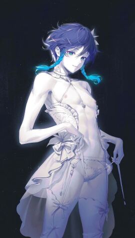 bangs black_hair blue_hair bow_ribbon bows boy braided_hair cute femboy feminine feminine_body feminine_male feminization feminized_male genshin_impact girly green_eyes hoyoverse lace lace-trimmed_thighhighs lace_thong light-skinned_male light_skin lingerie looking_at_viewer male male_only mihoyo multicolored_hair nipples pale-skinned_male pale_skin ribbons slim_waist thighhighs thighs thong twin_braids twink venti_(genshin_impact)