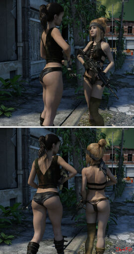 2girls 3d ass assault_rifle black_hair black_panties blonde_hair darkfall16 female gun micro_panties original panties post-apocalyptic short_shorts weapon