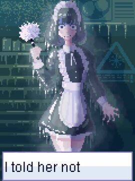 censored censored_nipples censored_pussy dialogue duster frozen frozen_solid holding_object implied_death maid maid_apron maid_dress maid_headdress maid_outfit maid_uniform pixel_animation pixel_art ryona tagme video