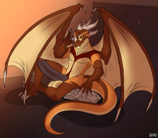 2022 3_toes 4_horns 5_fingers anthro artist_name balls bed bent_legs big_balls big_penis black_bedding brown_body brown_eyes brown_penis brown_scales brown_tail brown_wall claws collarbone colored digital_drawing_(artwork) digital_media_(artwork) diseenith erection eyewear facial_horn feet finger_claws fingers furniture furrowed_brow genitals glasses grey_horn half-closed_eyes hand_on_glasses headboard horn humanoid_genitalia humanoid_penis jerichoe kobold light lighting long_tail looking_at_viewer male membrane_(anatomy) membranous_wings multi_horn multicolored_body multicolored_penis multicolored_scales multicolored_tail narrowed_eyes nose_horn on_bed open_book pecs penis pupils red_penis round_glasses scales scalie shaded sitting smile smiling_at_viewer solo tail tan_balls tan_body tan_claws tan_scales tan_tail tan_wings toe_claws toes two-tone_penis vein veiny_penis wall_(structure) wing_claws winged_kobold wings yellow_pupils