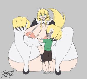 ass_expansion big_breasts big_hands blonde_hair body_growth body_growth_(enlargement) boob_smothering breast_expansion breast_growth breast_growth_(enlargement) breast_squish breasts dominant_female expansion female frederica_baumann giantess green_eyes growth hippycore large_female larger_female maid maid_headdress male mini_giantess monster_hands obese_female otto_suwen re:zero_kara_hajimeru_isekai_seikatsu sharp_teeth shipping silver_hair simple_background smaller_male smothering smug_face smug_grin submissive_male tail tail_wagging taller_female thick_thighs