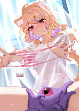 1girls ahoge animal_ear_fluff animal_ears bangs blonde_hair blush bottomless bow_panties bra breasts cat_ears cat_girl cat_tail catgirl closed_mouth collarbone convenient_censoring curtains day eyebrows_visible_through_hair face_markings female fox_ears fox_tail frown hair_between_eyes holding holding_panties holding_underwear indoors long_hair looking_at_viewer naked_shirt navel no_bra open_shirt outstretched_arm outstretched_arms panties panties_removed pink_panties purple_eyes red_eyes see-through shirt small_breasts solo squchan squchan_(vtuber) striped striped_bra striped_panties sunlight tail tears underwear virtual_youtuber vyugen wavy_mouth white_shirt window