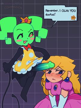 1futa 1girls :3 armwear balls big_penis black_body blonde_hair blue_eyes blush blush_lines bottomless clothed clothing commission crown dialogue dress duo earrings elbow_gloves english_text erection female futa_on_female futanari genitals gloves green_penis green_skin headgear headwear huge_cock human humanoid humanoid_penis imminent_sex intersex large_penis light-skinned_female light_skin long_hair long_penis looking_at_another looking_away mario_(series) mimi_(super_paper_mario) mostly_clothed nintendo no_panties one_eye_closed paper_mario pearl_earrings penis penis_out pout princess princess_peach red_eyes sex_slave smooth_penis speech_bubble star_rifle super_paper_mario talking_to_another testicles text twintails video_games whip