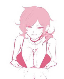 1boy 1girls ashley_graves big_breasts black_hair blush bra breasts cleavage collar cum female female_focus half-closed_eyes male paizuri pressing_breasts_together smile smirk the_coffin_of_andy_and_leyley titjob upper_body zizi_00000