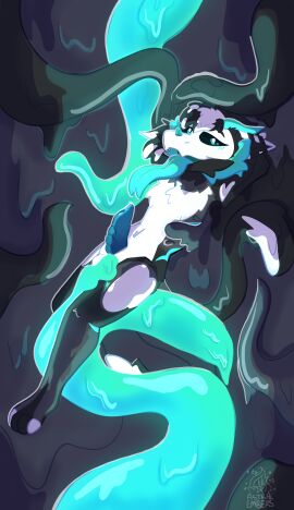 absurd_res anthro astralembers18 genitals glowing goo_creature goo_hair goo_transformation hi_res male penis pseudo_hair slime solo transformation