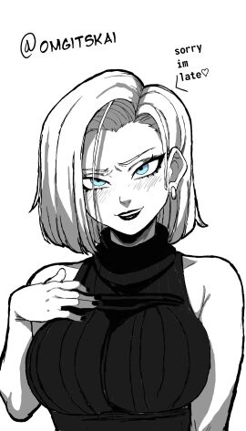 android android_18 black_and_white blue_eyes blush devil_may_kai dragon_ball dragon_ball_super dragon_ball_z hands_on_breasts huge_breasts milf sketch smiling smiling_at_viewer sweater turtleneck turtleneck_sweater