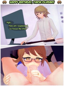 big_penis blowjob computer couple danganronpa fellatio fujisaki_chihiro's_mother fujisaki_taichi glasses heart-shaped_pupils huge_cock husband_and_wife koikatsu male mrs._fujisaki oral oral_sex penis pompadorkz saliva under_desk under_the_table