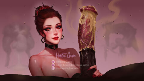 breasts choker demon dirty_penis earrings female filthy filthy_penis flies flies_for_smell fly hentai_genia holding_penis large_breasts large_penis lipstick male monster monster_cock penis pink_background red_eyes red_hair red_lipstick smegma smell smelly smelly_cock