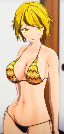 1girls 2024 3d armgvunasm bikini female indoors light-skinned_female light_skin looking_at_viewer mmd smiling_at_viewer solo_female solo_focus swimsuit toramaru_shou touhou undefined_fantastic_object yellow_eyes yellow_hair