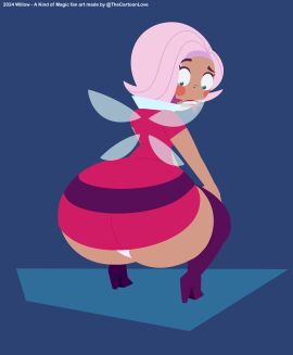 a_kind_of_magic ass big_ass big_butt clothed clothed_female fairy_wings female looking_back looking_down milf miniskirt panties pink_hair simple_background skirt squatting the_cartoon_love thick_ass thick_hips thick_legs thick_thighs willow_(a_kind_of_magic) wings