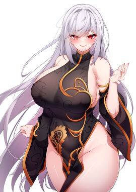 5danny1206 bare_shoulders blush breasts detached_sleeves female huge_breasts long_hair original red_eyes sideboob smile solo white_hair wide_sleeves