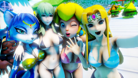 3d 3d_(artwork) 5girls big_breasts bikini blonde_hair blue_eyes breasts busty byleth_(fire_emblem)_(female) cleavage company_connection crossover female female_only fire_emblem fire_emblem:_three_houses green_eyes happy hi_res krystal large_breasts leaning_forward legs looking_at_viewer marina_(splatoon) marina_ida mario_(series) navel nintendo pianta pink_bikini pink_lipstick ponytail pose posing princess princess_peach princess_zelda smile splatoon splatoon_(series) splatoon_2 star_fox super_mario_sunshine the_legend_of_zelda thighs toned virtualblueam2 voluptuous wink zelda_(a_link_between_worlds)