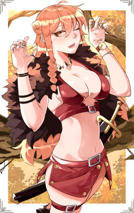 1girls belt bikini blush bracelet braid breasts claw_pose cleavage clothing female female_only fur_trim holding jewelry jobin_chan large_breasts long_hair looking_at_viewer midriff nami_(one_piece) navel necklace obinchan one_eye_closed one_piece one_piece:_elbaf_arc open_mouth orange-haired_female orange_eyes orange_hair red_bikini red_skirt sheath sheathed shorts skirt smile solo sword thigh_strap tongue tongue_out tree weapon