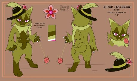 2025 anatomy anatomy_reference border clothing color_swatch domestic_cat english_text felid feline felis floragato flower generation_9_pokemon hat headgear headwear hi_res male mammal model_sheet nintendo orange_border pink_eyes plant pokemon pokemon_(species) pokemon_only riggedreded text