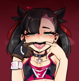 1girls asymmetrical_bangs black_choker black_hair blue_eyes blush breasts breath cheek_pull choker creatures_(company) doppel female game_freak gloves hair_ribbon heart long_hair marnie_(pokemon) mouth_pull nail_polish nintendo open_mouth pokemon pokemon_ss red_background ribbon saliva simple_background single_glove small_breasts solo sweat team_yell tongue tongue_out twintails undercut upper_body