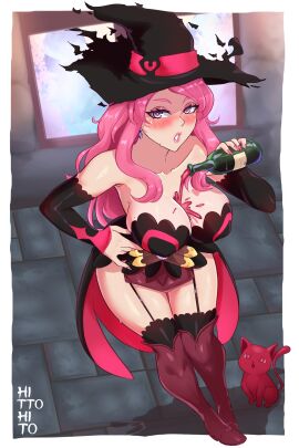 1girls alcohol alcoholic alluring artist_signature big_breasts black_clover breasts cat clothed clothing color detailed_background drunk female garter_belt garter_belt_leggings garter_straps hand_on_hip hito_clover looking_at_viewer mature_female milf pink_hair pouring_on_breasts pouring_on_self pouring_onto_self seductive sole_female solo solo_female solo_focus standing thighs vanessa_enoteca witch witch_costume witch_hat
