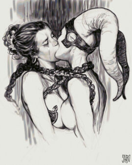 2girls alien alien/human alien_girl alien_humanoid artist_name big_breasts black_and_white bondage bound bound_together breast_press breasts chains completely_naked completely_nude crying deep_kissing enslaved female female_only forced_kiss forced_partners forced_yuri human humanoid kissing lesbian light-skinned_female light_skin monochrome nude nude_female oola princess_leia_organa rape_by_proxy return_of_the_jedi sabudenego slave slave_girl slave_leia star_wars tears twi'lek yuri