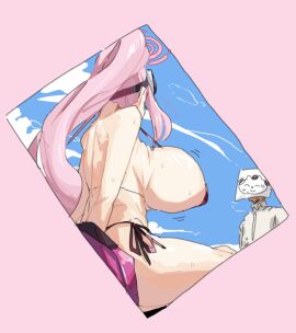 1boy 1girls artist_self-insert beach behind_view bikini blue_archive breast_squeeze breast_squish breasts doodle_sensei_(blue_archive) eimi_(blue_archive) eimi_(swimsuit)_(blue_archive) female from_behind from_behind_view goggles goggles_on_head halo huge_breasts jacket_partially_removed leebongchun long_hair male millennium_science_school_student off_shoulder paper_on_head pink_bikini pink_hair pink_halo ponytail portrait sensei_(blue_archive) side-tie_bikini sidelocks solo super_phenomenon_task_force_(blue_archive) very_long_hair white_collared_shirt white_shirt