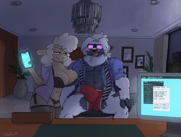 absurd_res anthro artbyyellowdog big_breasts blouse blue_eyes bovid bra breasts bulge canid canine canis caprine cellphone chair chandelier cleavage clothed clothing computer computer_screen desk dominant dominant_female dress_shirt duo electronics erection erection_under_clothing erection_under_underwear female furniture garter_straps guide_lines happy happy_trance hi_res hypnosis inside kram legwear male mammal mind_control necktie night office open_clothing open_shirt open_topwear panties phone plant plant_pot sheep shirt smile smirk smug submissive submissive_male table tech_control thigh_highs tongue tongue_out topwear underwear undressed visor wolf