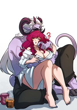 1boy 1girls blue_nails breasts cleavage demon demon_boy demon_girl female hi_res hooved_toes horns jacques_(kinkymation) kinkymation large_breasts light-skinned_female light_skin long_hair male milf miss._lucy_(kinkymation) muscular muscular_male nail_polish original pointy_ears purple_skin red_hair sitting sitting_on_lap tail white_background white_hair