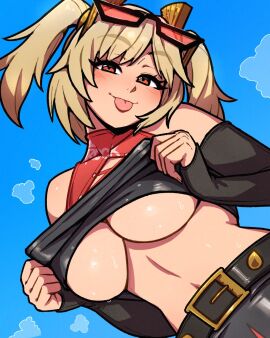 akairiot belt belt_buckle blonde_hair breasts burnice_white elbow_gloves female glasses glasses_on_head huge_breasts large_breasts latex_clothing red_eyes tongue tongue_out tube_top tubetop twintails underboob zenless_zone_zero