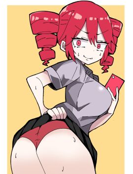 1girls 2d 2d_(artwork) artist_request ass bending_over bent_over big_ass big_breasts breasts crazy_eyes female female_only hitorikanawo kasane_teto large_breasts levitate_(synthesizer_v) lifting_skirt mv_character nervous nervous_smile panties pantyshot phone red_eyes red_hair sideboob simple_background skirt skirt_lift solo solo_female sweat sweating synthesizer_v taking_picture twin_drills upskirt