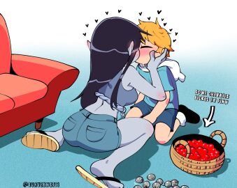 1boy 2girls adventure_time basket blush breasts cartoon_network cherry comic comission female finn_the_human flip_flops kissing male marceline quavernsfw sandals small_breasts tagme thighs wholesome
