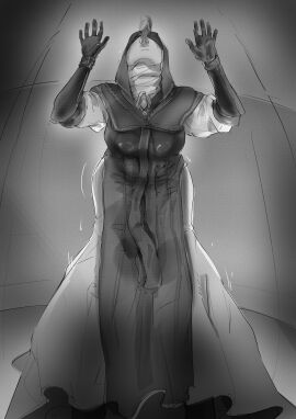 belt bent_over bonemanjake fully_clothed gameplay_mechanics gloves invisible_wall licking long_tongue low-angle_view monochrome nun_outfit saliva shaking_ass thighs tongue_out undertaker_(nightreign)