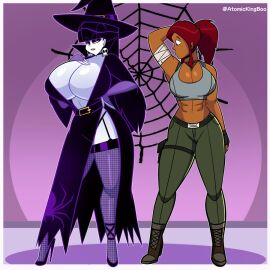 2024 2girls abs arm_bandages artist_name athletic athletic_female atomickingboo big_breasts big_cleavage black-haired_female black_hair black_lipstick blue-eyed_female blue_eyes boots breast_envy breasts breasts_bigger_than_head brown_boots cleavage cleavage_cutout crop_top crossover dark-skinned_female dark_hair dark_skin earrings english english_text eyeshadow female female_only fishnet_legwear fishnets goth goth_girl green-eyed_female green_eyes green_pants halloween_2024 hand_behind_head hand_on_breast hand_on_head hand_on_hip hips huge_breasts lara_croft_(cosplay) light-skinned_female light_skin lindel_dollice_quilten lipstick muscular muscular_female oc ocs original original_character original_characters pale-skinned_female pale_skin pants paulinda_sherwoods ponytail red-haired_female red_hair redhead_female skull_earrings spider_web text the_besties_(atomickingboo) tomb_raider wide_hips witch witch_costume witch_hat