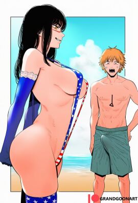 accurate_art_style ai_generated american_flag_bikini beach bikini boner chainsaw_man denji_(chainsaw_man) grandgoonart manga manga_page manga_style mitaka_asa patreon revealing_clothes sling_bikini yoru_(chainsaw_man)