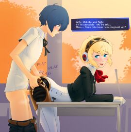 1boy 1girls 2d aegis_(persona) aigis_(persona) android android_girl atlus bent_over bent_over_table blonde_female blonde_hair blue_eyes blush blush_lines bottomless classroom clothing commission doggy_style duo exposed female handles_on_hips horny horny_female human light-skinned_female light_skin makoto_yuki male megami_tensei pale_skin pants_down partially_clothed persona persona_3 persona_3_reload public pussy robot robot_girl school_desk school_uniform sega sex side_view stradivarius underwear undressing uniform vaginal vaginal_juices vaginal_penetration wanted_impregnation