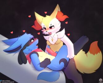 absurd_res anthro blush braixen breasts duo gay generation_4_pokemon generation_6_pokemon genitals hi_res jewelry knot lucario male male/male male_only necklace nintendo penetration penis pokemon pokemon_(species) scarf senz tail thrusting tongue tongue_out
