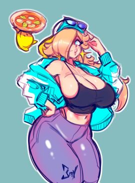 1girls big_breasts bimbo black_tank_top blonde_hair blue_eyes blue_jacket bra breasts cleavage clothing duo ear_piercing enormous_breasts female food gigantic_breasts glasses hourglass_figure huge_breasts human human_only jacket large_breasts light-skinned_female light_skin long_hair luma mammal mario_(series) mario_kart mario_kart_world mature mature_female nintendo official_alternate_costume pizza princess_rosalina princess_rosalina_(touring) purple_pants star tank_top thick_thighs thighs voluptuous voluptuous_female wide_hips xpisigma