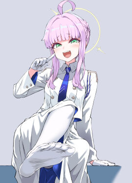 1girls ahoge asanagi blue_archive blush breasts female female_only general_student_council_(blue_archive) gloves green_eyes kaya_(blue_archive) light-skinned_female light_skin long_skirt looking_at_viewer looking_down pink_hair simple_background small_breasts smile smiling solo tagme tights uniform