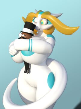 2017 3d_(artwork) aijou anthro areola bald big_breasts blonde_eyebrows blonde_hair blue_eyes breasts clothing digital_media_(artwork) dragon dress_pants dress_shoes duo eyebrows eyewear facial_hair female hair happy hat headgear headwear hug huge_breasts hugging_another human idsaybucketsofart jou larger_female male mammal markings monocle moustache mythological_creature mythological_scalie mythology one_eye_closed scalie size_difference top_hat unavailable_at_source white_body wink yellow_eyes