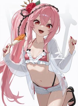 1girls ai_generated belly belly_button bikini fangs feet female hair_flower long_hair navel nijisanji nijisanji_en pink_bikini pink_hair pink_panties ponytail popsicle red_eyes red_nails rosemi_lovelock sandals see-through_shirt short_shorts small_breasts smile thighs virtual_youtuber white_shirt white_shorts wide_hips
