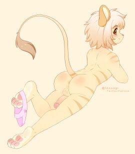 1boy anthro anus ass blush border clothing cute cute_male felid femboy feminine_male furry furry_only genitals girly inosagi lion lying lying_on_stomach male male_only mammal on_stomach otoko_no_ko pantherine panties paws penis smile tail trap underwear yellow_border