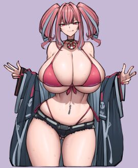 1girls azur_lane bikini breasts bremerton_(azur_lane) cleavage collar eagle_union_(azur_lane) female high_resolution higher_resolution_available large_breasts light-skinned_female light_skin long_hair pink_eyes pink_hair thong twintails wolffeld_price