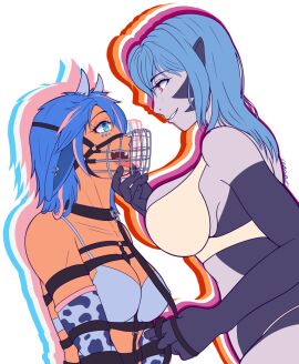 2girls absurd_res aurora_(qballin27) blue_eyes blue_hair blue_skin bondage bra brattyboyblue breasts collar cow_girl cow_print cow_print_armwear dominant_female eyebrow_piercing female femdom femsub holding_head horns large_breasts leash leashed_collar leather_straps lesbian_pride_colors looking_up multicolored_hair muzzle_(object) muzzled oc original_characters petplay pierced_ears piercing pink_eyes pointy_ears puppyplay purple_eyes quinn_(qballin27) shark_girl straps submissive_female tongue tongue_out trans_woman transfem transgender_pride_colors yuri
