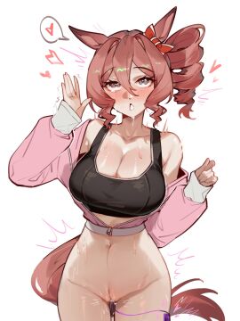 ahe_gao animal_ears baobao771100 blush bow breasts brown_hair cleavage collarbone commentary drill_hair ear_bow female grey_eyes hair_between_eyes hand_up heart highres horse_ears horse_girl horse_tail jacket large_breasts norn_ace_(umamusume) object_insertion pink_jacket pussy red_bow sex_toy short_hair side_ponytail simple_background solo spoken_heart sweat symbol-only_commentary tail umamusume umamusume:_cinderella_gray vaginal_object_insertion vaginal_penetration vibrator white_background