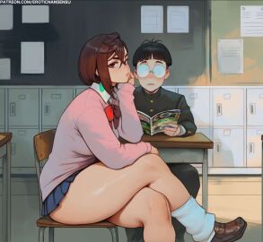 1boy 1girls 2d ayase_momo big_ass big_breasts black_hair blush bottom_heavy breasts brown_eyes brown_hair classroom clothed curvaceous curvy curvy_figure dandadan earrings erotic_nansensu female female_focus glasses gyaru hi_res high_resolution highres large_ass large_breasts light-skinned_female light-skinned_male light_skin male nerd school school_uniform schoolgirl short_hair short_skirt socks takakura_ken_(okarun) teenage_female teenage_male teenager thick_thighs thighs wallpaper white_socks young_female