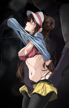 1girls 2boys :o alley arms_behind_back assisted_exposure big_breasts blue_eyes bra bra_pull breasts brown_hair clothed clothes_pull creatures_(company) crying crying_with_eyes_open double_bun female forced_exposure game_freak hi_res imminent_rape long_hair male molestation navel nintendo nipple_slip nipples open_mouth panties panty_peek pantyhose pokemon pokemon_bw2 rosa_(pokemon) short_shorts shorts sidelocks standing steam sweat team_plasma team_plasma_grunt team_plasma_grunt_(male) tears tsukishiro_saika twintails very_long_hair visor_cap